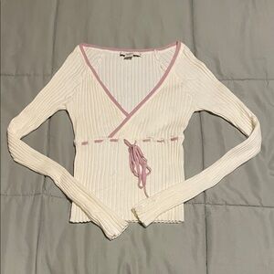 Kimchi Blue Cream Ribbed Long Sleeve with Pink Trim and Bow Details